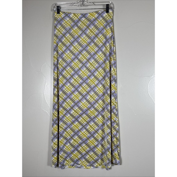Outlander Dresses & Skirts - Maxi Nylon Skirt By outlander Purple Yellow Plaid Slinky Small 28" Waist